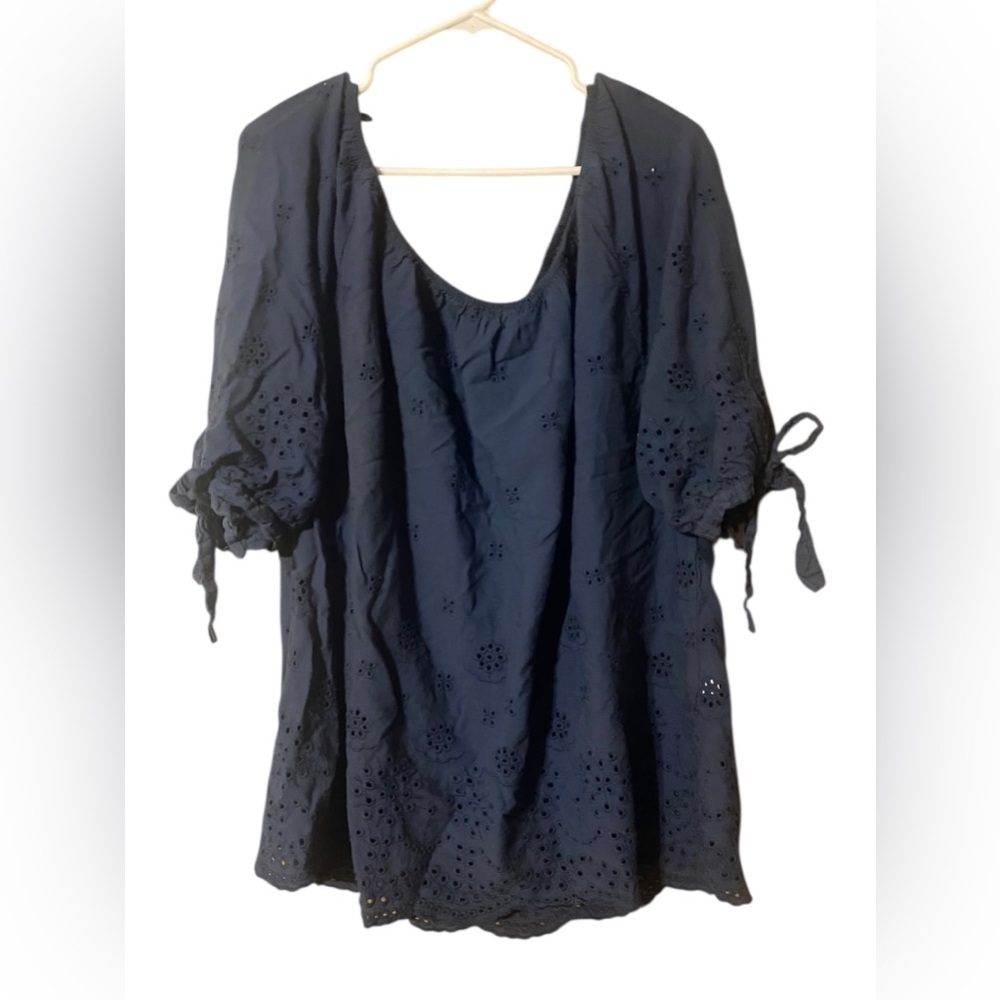 Valentina Naldi Off Shoulder Top Women’s 1X Blue 100% Cotton Eyelet Embroidered